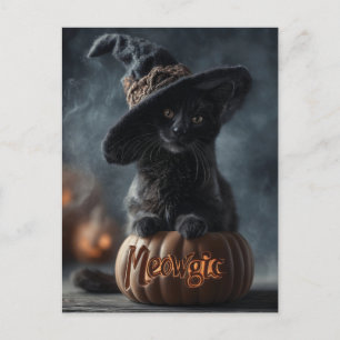 Postal Festiva Fastidioso gato negro "meowgic" en un Gorra de bru