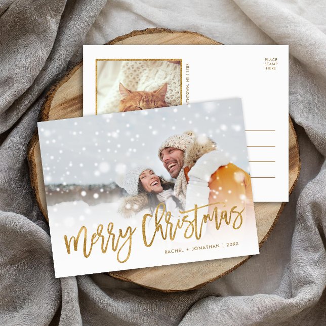 Postal Festiva Faux Relieve metalizado dorado Merry Christmas Pho (Subido por el creador)