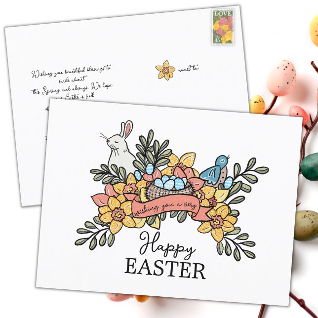 Postal Festiva Felices Aves de Pascua y Conejo (Subido por el creador)