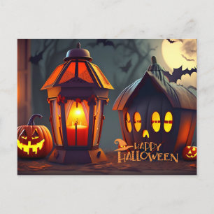 Postal Festiva Felices batallas nocturnas de Halloween volando