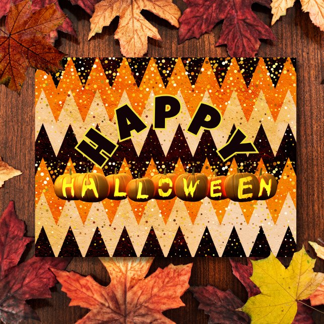 Postal Festiva Felices Calabazas de Halloween y Purpurina Chevron (Subido por el creador)