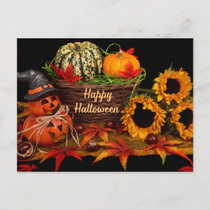 Postal Festiva Felices Calabazas de Halloween y Sunflowers