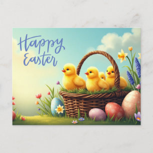 Postal Festiva Felices chichas de pascua en la canasta de mimbre