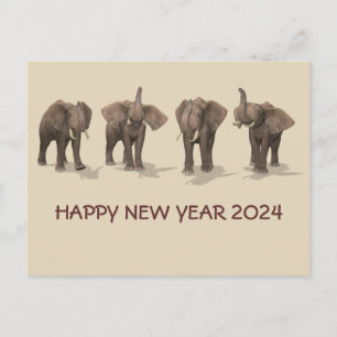 Postal Festiva Felices elefantes del Año Nuevo 2024