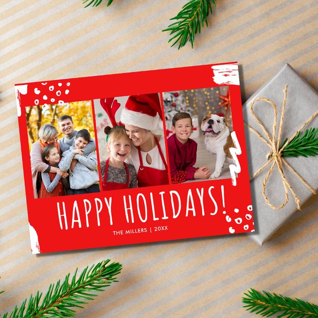 Postal Festiva Felices feriados Tres Navidades de la familia foto (Happy Holidays Three Photo Family Christmas Holiday Postcard)