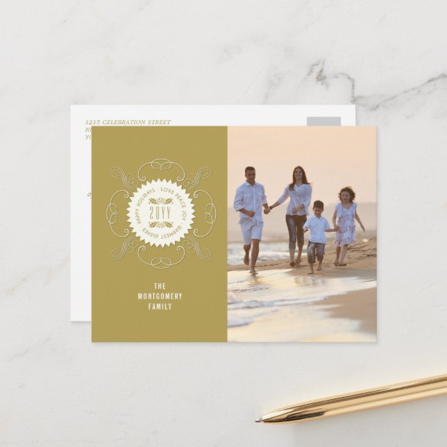 Postal Festiva Felices Fiestas Amar la Paz Joy Sello Ornate Foto (Anverso/Reverso In Situ)