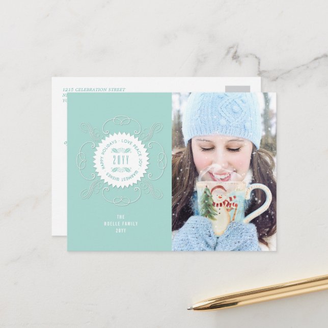 Postal Festiva Felices Fiestas Amor Paz Alegría Fello Ornamentado (Anverso/Reverso In Situ)