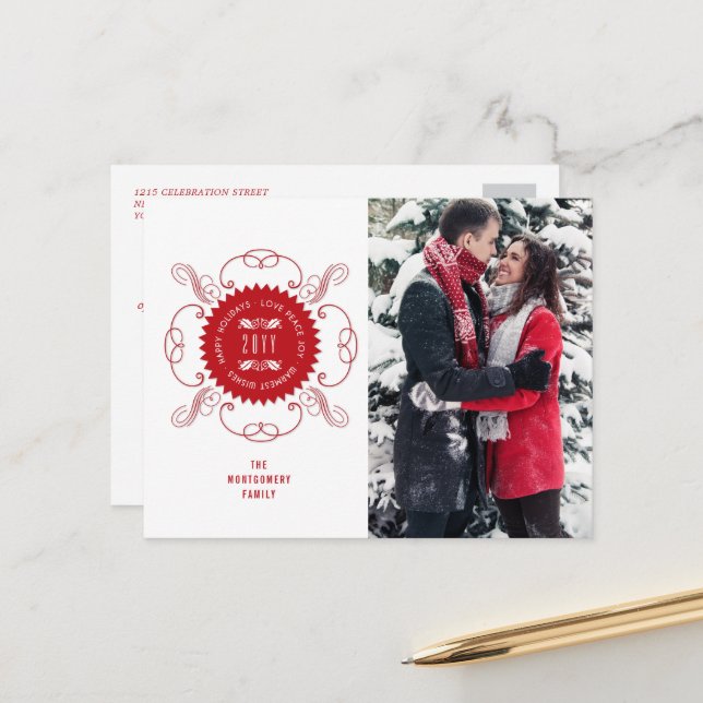 Postal Festiva Felices Fiestas Amor Paz Alegría Ornate Seal Foto  (Anverso/Reverso In Situ)