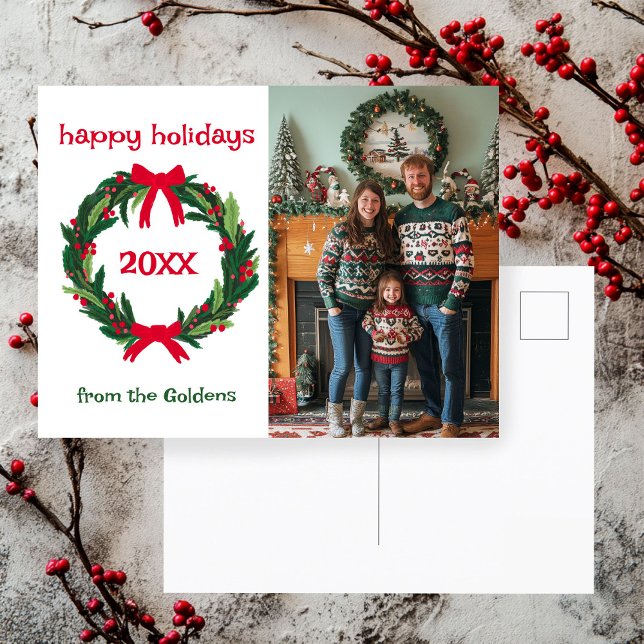 Postal Festiva Felices fiestas año de corona PERSONALIZADO Navida (Happy Holidays Wreath Year CUSTOM PHOTO Christmas Holiday Postcard
)