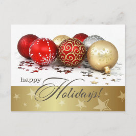 Postal Festiva Felices Fiestas. Baubles de oro rojo