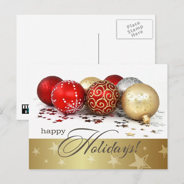 Postal Festiva Felices Fiestas. Baubles de oro rojo (Anverso / Reverso)
