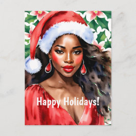 Postal Festiva Felices fiestas Black Woman Santa Hat