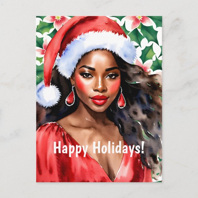 Postal Festiva Felices fiestas Black Woman Santa Hat (Anverso)