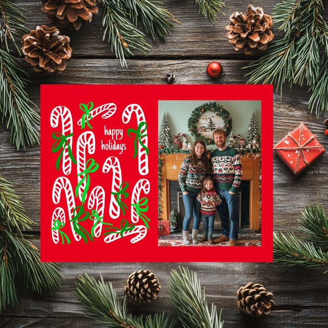Postal Festiva Felices fiestas Candycanes PERSONALIZADOS Navidade (Happy Holidays Candycanes CUSTOM PHOTO Christmas Holiday Postcard
)
