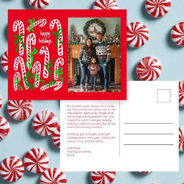 Postal Festiva Felices fiestas Candycanes PERSONALIZADOS Navidade (Happy Holidays Candycanes CUSTOM PHOTO Christmas Holiday Postcard
)