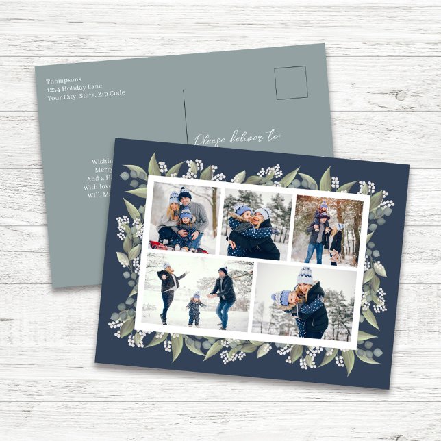 Postal Festiva Felices Fiestas Collage de Fotos Floral Azul Marin (Navy blue winter floral custom multi photo postcard.)