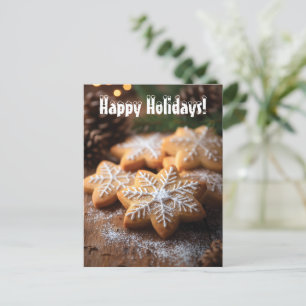 Postal Festiva Felices fiestas con cookies en forma de copo de ni