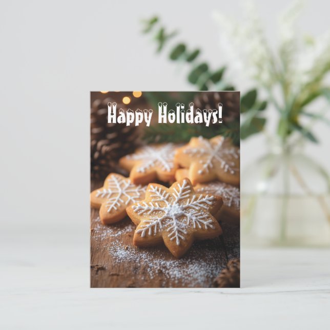 Postal Festiva Felices fiestas con cookies en forma de copo de ni (Anverso de pie)