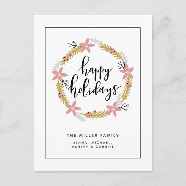 Postal Festiva Felices Fiestas Corona Rosa (Anverso)