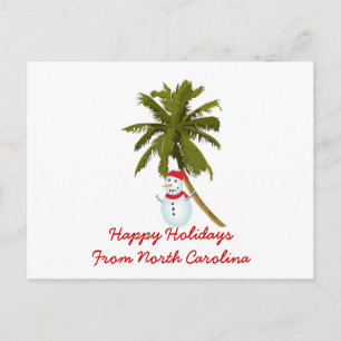 Postal Festiva Felices Fiestas de N. Carolina, palmera de Snowman
