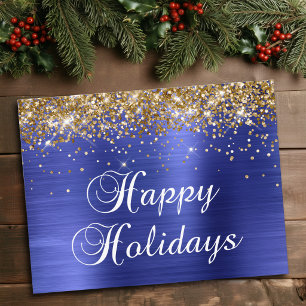 Postal Festiva Felices Fiestas Dorado Brillante Falso Foil Azul