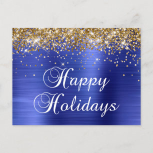Postal Festiva Felices Fiestas Dorado Brillante Falso Foil Azul