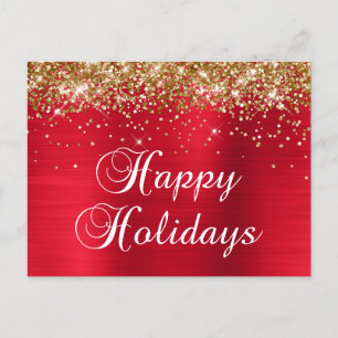 Postal Festiva Felices Fiestas Dorado Brillante Foil Rojo