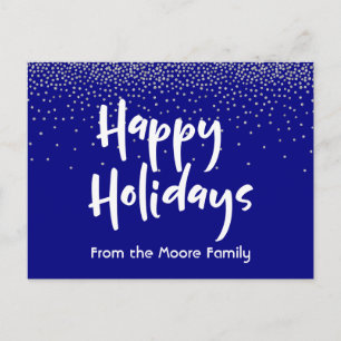 Postal Festiva Felices Fiestas en Blanco sobre Confeti de Azul Ma