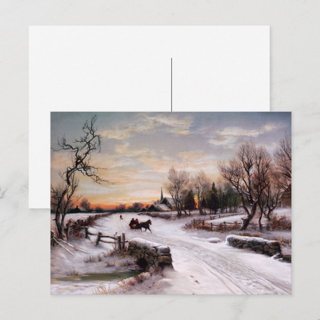 Postal Festiva Felices Fiestas. Escena de invierno vintage (Anverso / Reverso)