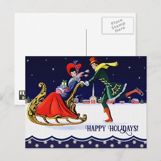 Postal Festiva Felices Fiestas. Escena navideña vintage (Anverso / Reverso)