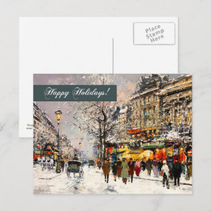 Postal Festiva Felices Fiestas. Escena parisina de invierno