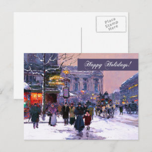 Postal Festiva Felices Fiestas. Escena parisina de invierno