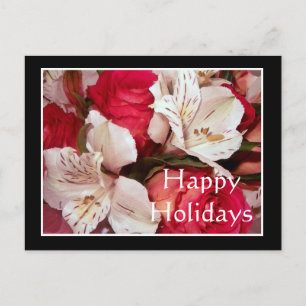 Postal Festiva Felices fiestas felicidad floral roja y blanca