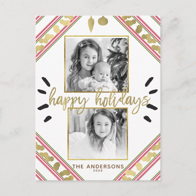 Postal Festiva Felices Fiestas Foto Rayas Rojo Blanco Verde (Anverso)