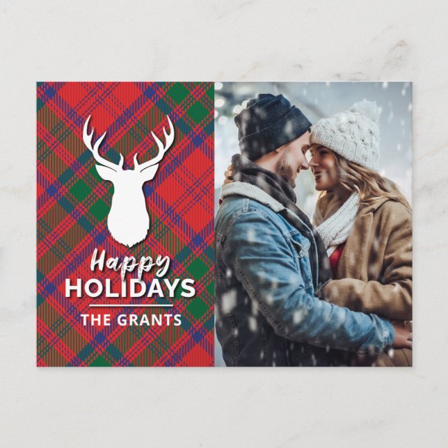 Postal Festiva Felices Fiestas Foto Red Green Plaid Tartán (Anverso)