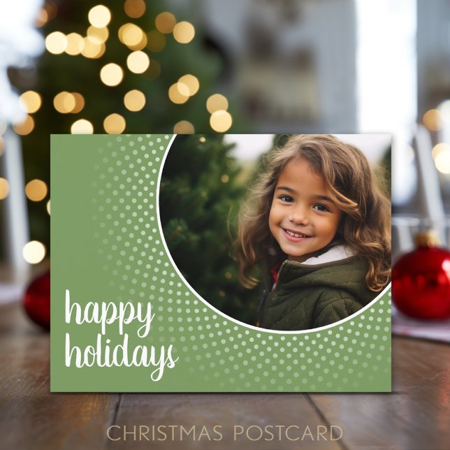 Postal Festiva Felices Fiestas - Frontera de puntos de Polka Verd (A minimal design holiday postcard with 1 photo on the front with a green polka dot border)