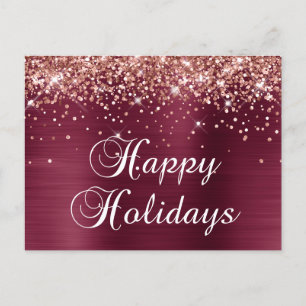 Postal Festiva Felices Fiestas Glitter Rosa Dorado Foil Burgundy