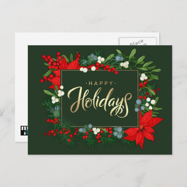 Postal Festiva Felices Fiestas. Holly, Mistletoe y Poinsettia (Anverso / Reverso)
