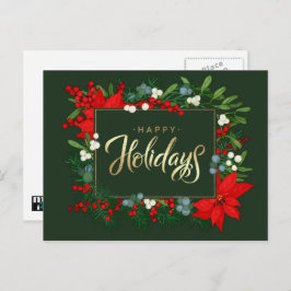 Postal Festiva Felices Fiestas. Holly, Mistletoe y Poinsettia