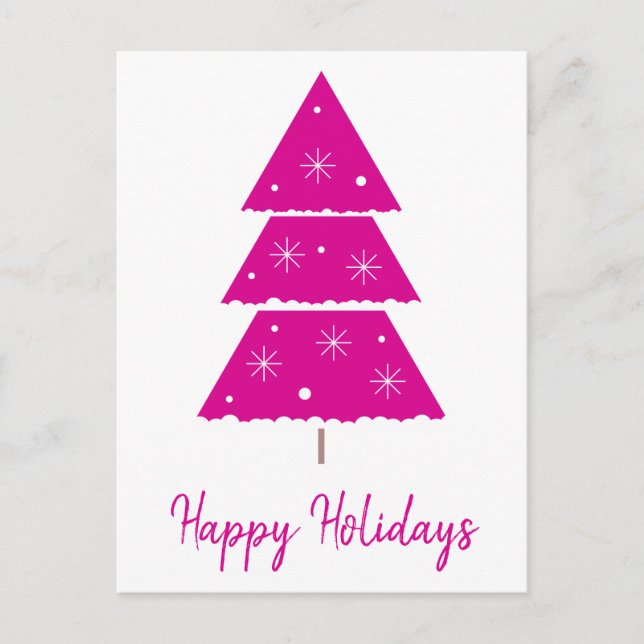 Postal Festiva Felices fiestas Hot Pink Christmas Tree Snowflakes (Anverso)