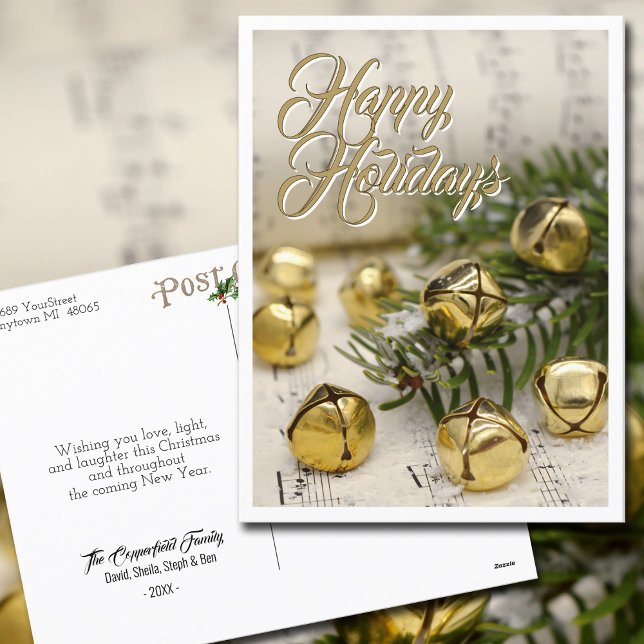Postal Festiva Felices fiestas Jingle Bells Gold White (Wish your friends and family Happy Holidays with this festive postcard.  All text is fully editable.)