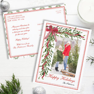 Postal Festiva Felices fiestas Mistletoe Red Bow Family Photo