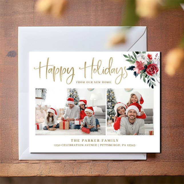 Postal Festiva Felices fiestas | Navidades Cambio de dirección Fo (An elegant, festive holiday card with photos from your new home)