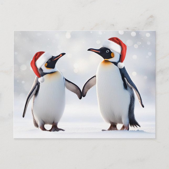 Postal Festiva Felices fiestas Navidades con pingüinos (Anverso)