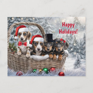 Postal Festiva Felices Fiestas Navidades Cute Cachorros Dachshund