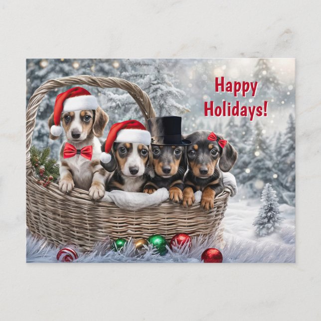 Postal Festiva Felices Fiestas Navidades Cute Cachorros Dachshund (Anverso)