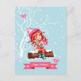 Postal Festiva Felices Fiestas. Navidades de Little Girl y Kitty