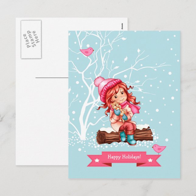 Postal Festiva Felices Fiestas. Navidades de Little Girl y Kitty (Anverso / Reverso)
