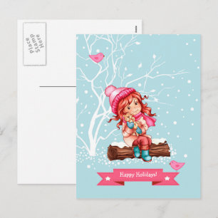 Postal Festiva Felices Fiestas. Navidades de Little Girl y Kitty