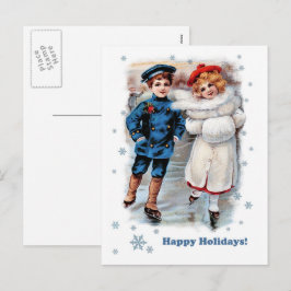 Postal Festiva Felices Fiestas. Navidades de los niños con patina
